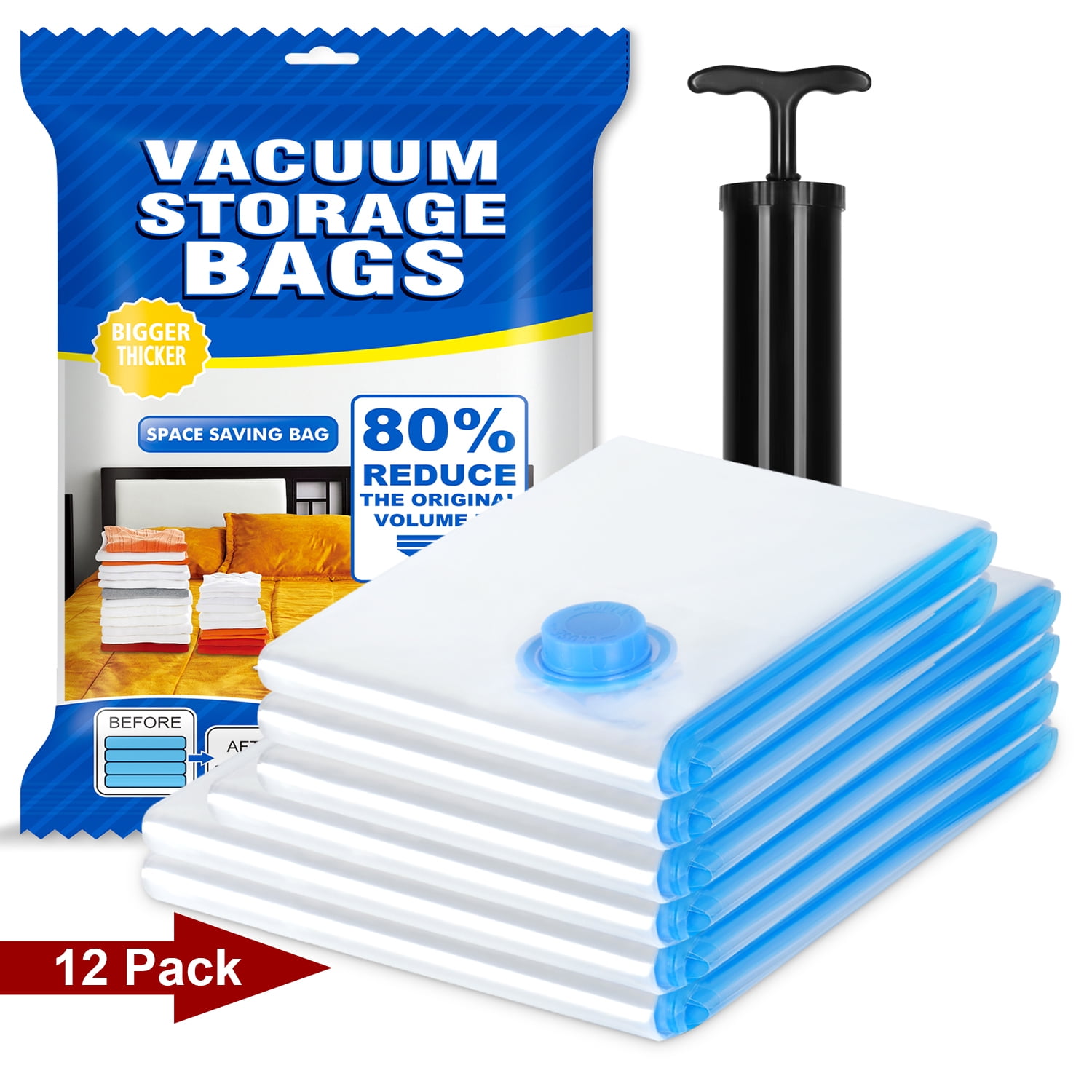 Invoibler 12 Pcs Multiple Sizes Vacuum Storage Bags with Pump，Vacuum  Storage Bags for Clothes,Comforters ,Blankets，Vacuum Compression Bags for