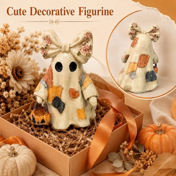 Halloween Decorations, Resin Ghost Pumpkin Figurine With Embroidered Fabric Detail For Fall and Halloween Home Decor, Tabletop Shelf Mantel Display Ornament