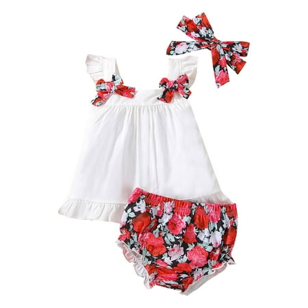 

B91xZ Baby Girl Outfit Baby Girls Floral Print Sleeveless Tops Vest Shorts Headbands Clothes Size 0-3 Months