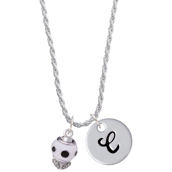 Delight Jewelry Silvertone Black Dots on White Spinners Silvertone Script Initial Disc - C - Charm Necklace, 20" 3"