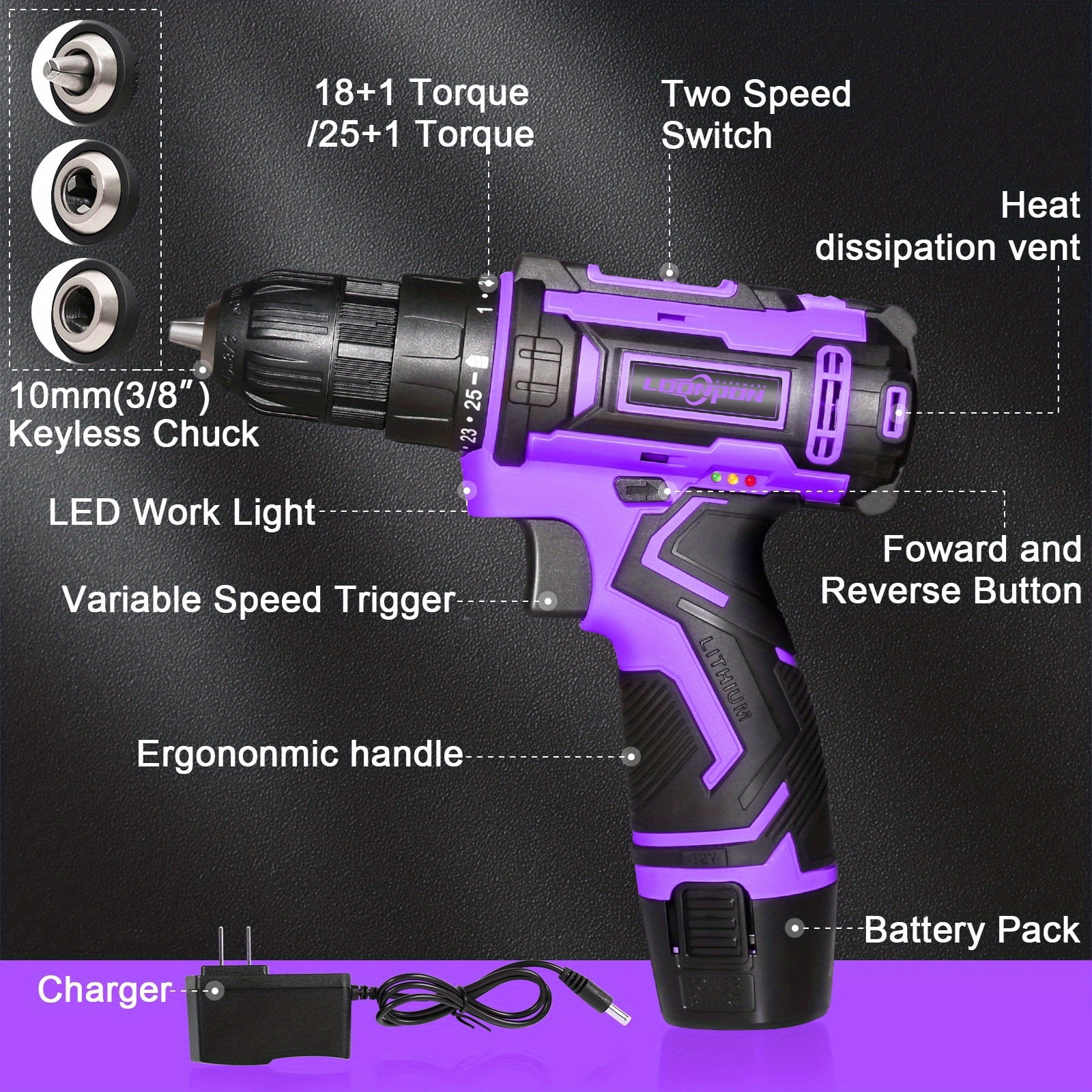 Purple Cordless Drill 12V ,Electric Power Driver Kit,with Drills Bits Set,LED,2 Variable Speed for Home DIY