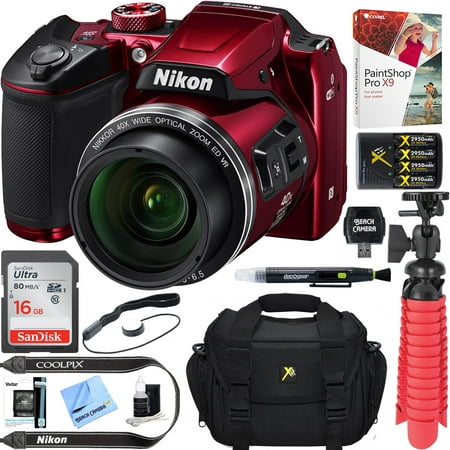 Restored Nikon COOLPIX B500 16MP 40x Optical Zoom Digital Camera w/ WiFi - Red + 16GB SDHC Accessory Bundle (Refurbished)