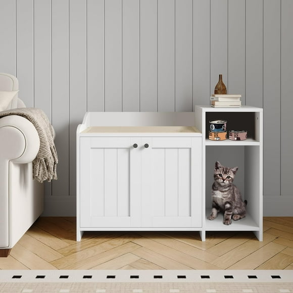 Meuble Bac à Litière pour Chat - Enceinte Moderne en Bois Blanc avec Tablette de Rangement pour Chats d'Intérieur, Armoire à l'Épreuve des Chiens Table d'Appoint