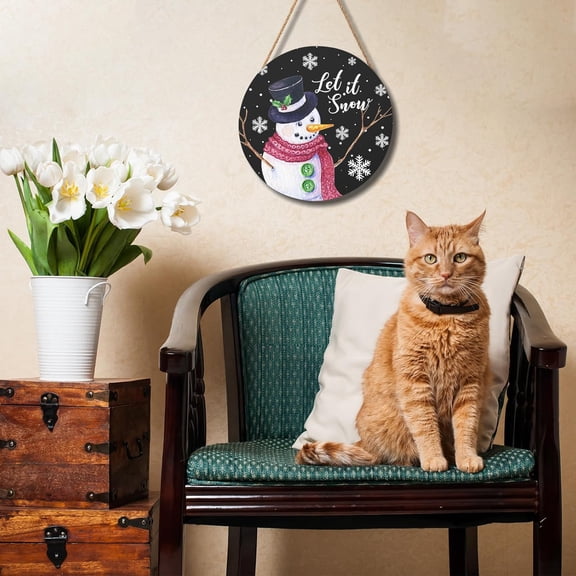 Winter Snowman Sign for Front Door Christmas Snowflake Wood Door Hanger 12"x12" Holiday Welcome Decorations Rustic Snowflakes Black Winter Wreath Wall Hanging Decoration for Home Wall Porch Yard