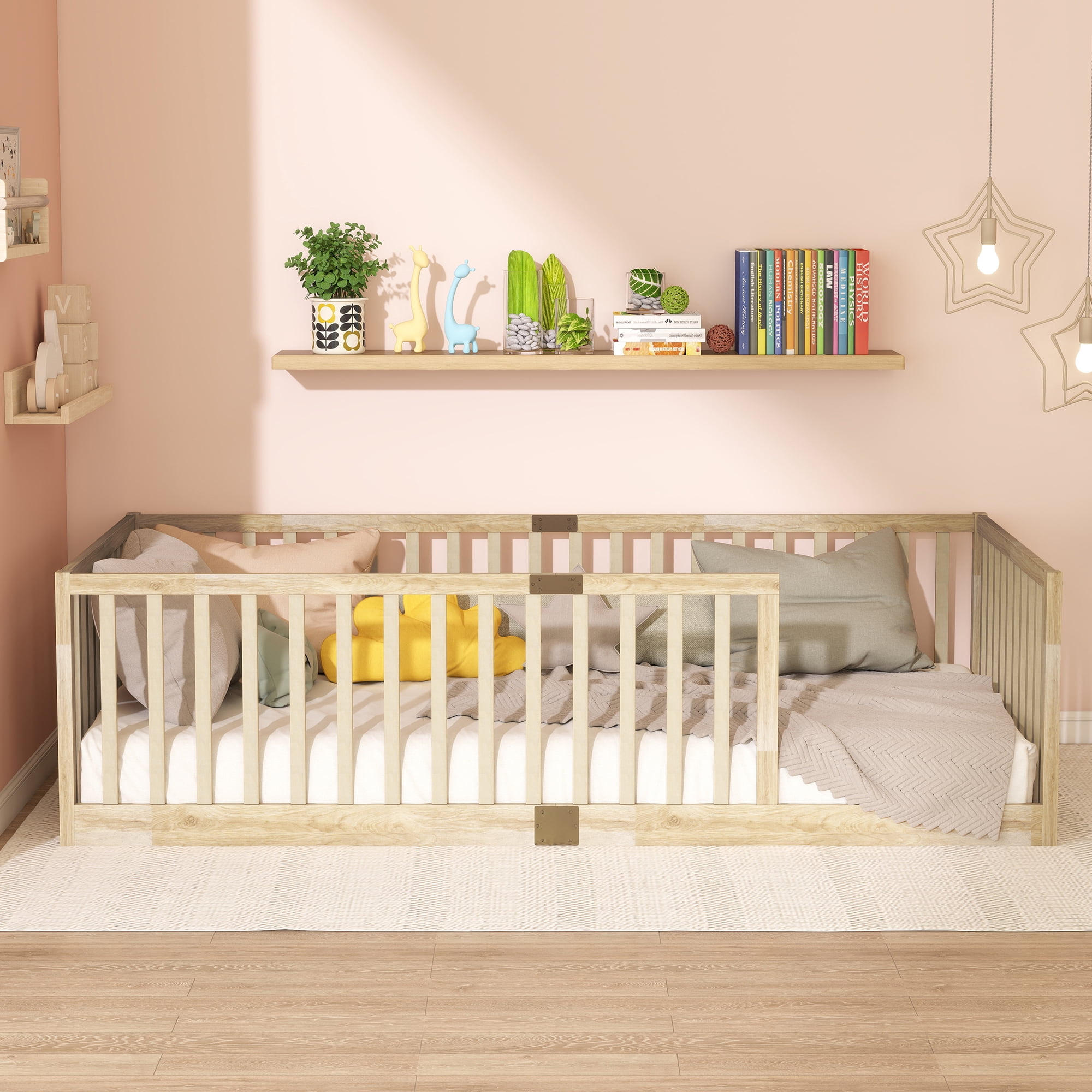 Miniyam Twin Size Floor Bed with High Safety Fence for Kids, Natural