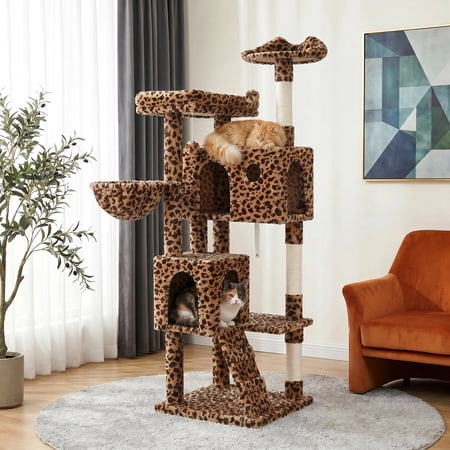 Merrland 64" Large Cat Tree Tower with Scratching Posts & Condo for Indoor Cats, Plush Basket & Scratching Ramp, Cat Furniture, Leopard Print