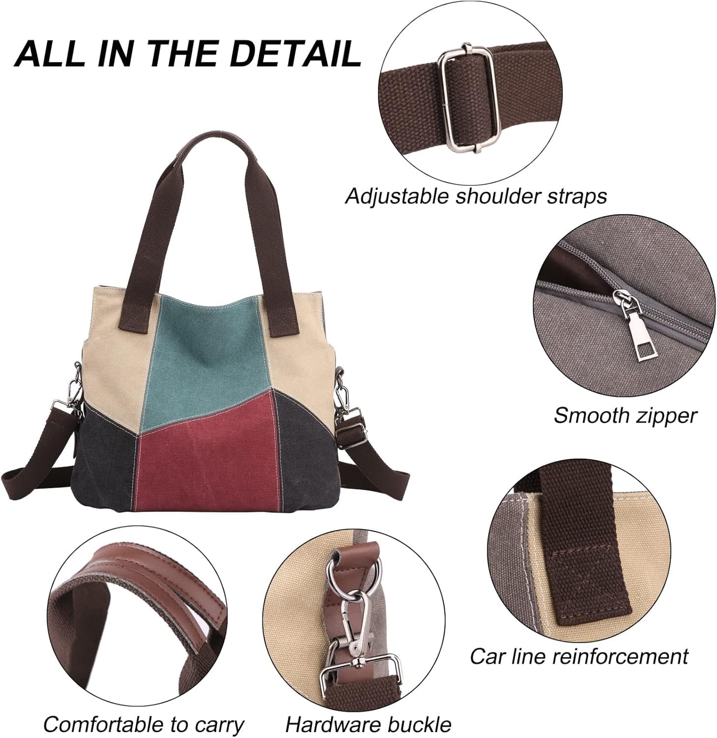 Women's Canvas Tote Purse for Work,Medium Casual Multi Pocket Crossbody Tote Bag with Shoulder Strap
