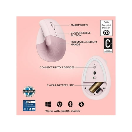 Logitech - Lift Vertical Wireless Ergonomic Mouse with 4 Customizable Buttons - Rose