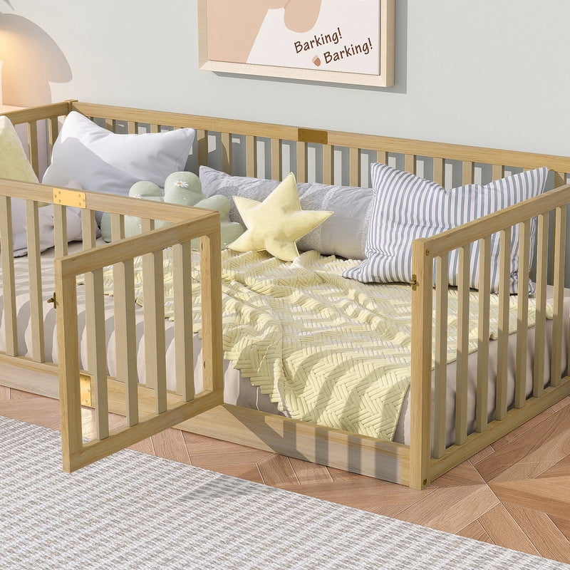 Mirightone Twin Size Floor Bed, Wood Montessori Floor Beds with High Fence Railings, Door & Slats Support, Twin Playhouse Bed Frame, No Box Spring Needed, Natural