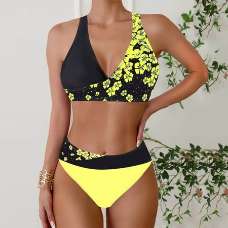 TUGOXIE Yellow Tankini Swimsuits for Women 2 Piece Floral Set Swimsuit XXXL