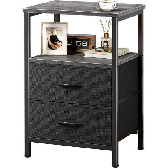 Night Stand with 2 Drawers, Bed Side Table with Open Shelf, Wooden Top, Nightstand for Bedroom, End Table for Small Space, Fabric Drawer, Grey