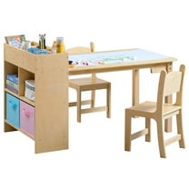 Kids Art Table and 2 Chairs Set, Solid Pine Wood Toddler Activity Craft Desk with Storage for Drawing, Writing, Reading, Ideal for Nursery, Playrooms & Classroom