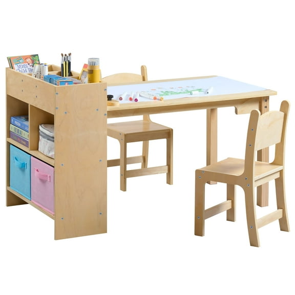 Kids Art Table and 2 Chairs Set, Solid Pine Wood Toddler Activity Craft Desk with Storage for Drawing, Writing, Reading, Ideal for Nursery, Playrooms & Classroom