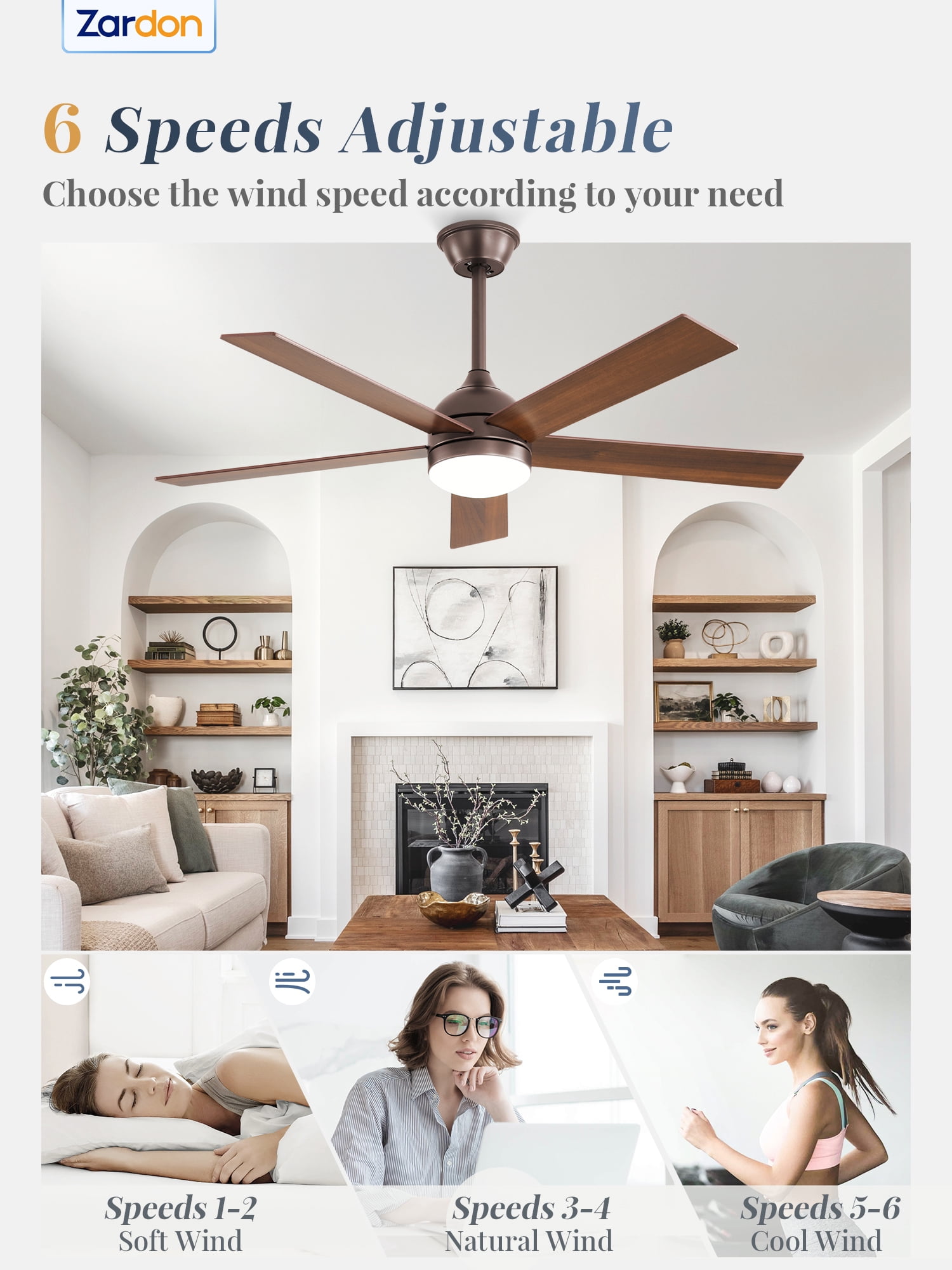 Zardon 48in Ceiling Fans with Light and Remote Control, Modern Flush Mount Ceiling Fans with 6-Speed for Indoor, Outdoor, Brown