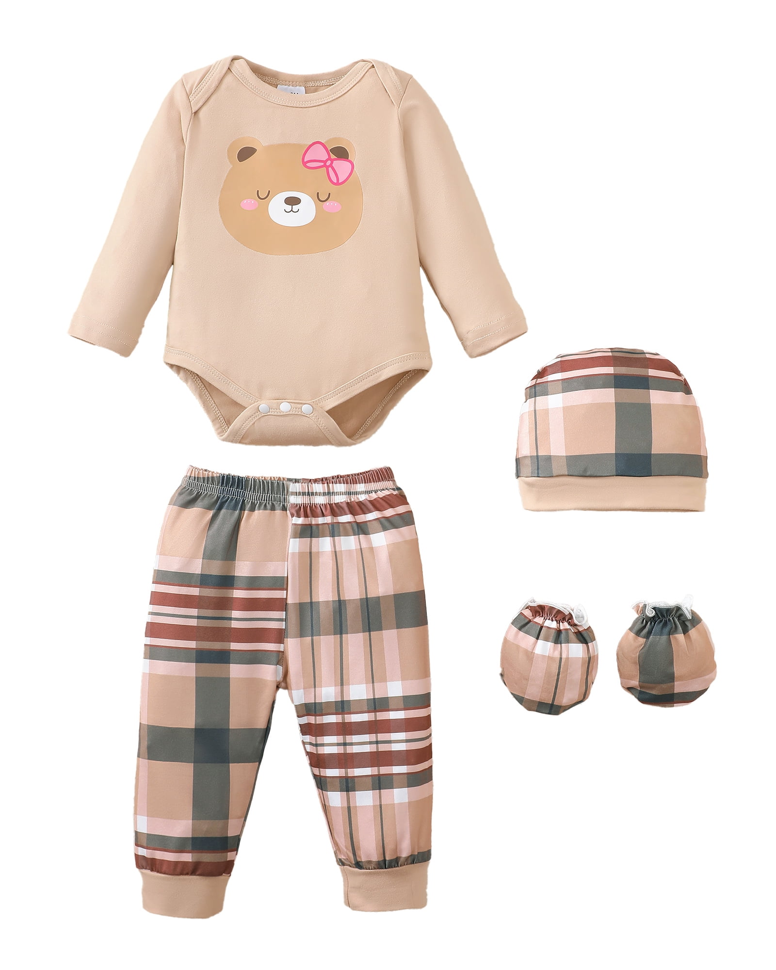 KIMI BEAR Newborn Baby Girls Layette Set 4 Packs 0-3 Months Winter Clothes Outfits Long Sleeves Romper Top Pants Gloves Hats 16 Piece Essentials Accessories Clothing Gift Sets Brown