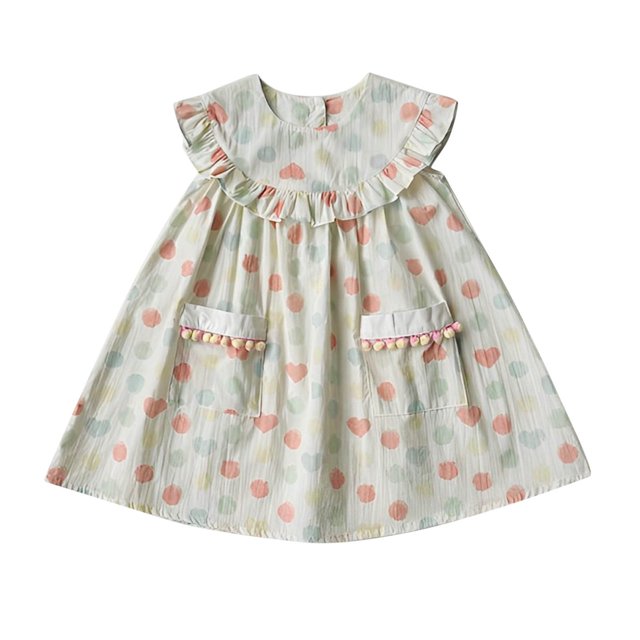 aDJFDGT Robes d'Été Mignonnes pour Enfants 10-12 Filles Preppy Été Polychrome Imprimé à Pois Jupe à Volants Poupée Feuille Col Rond Vêtements pour Enfants