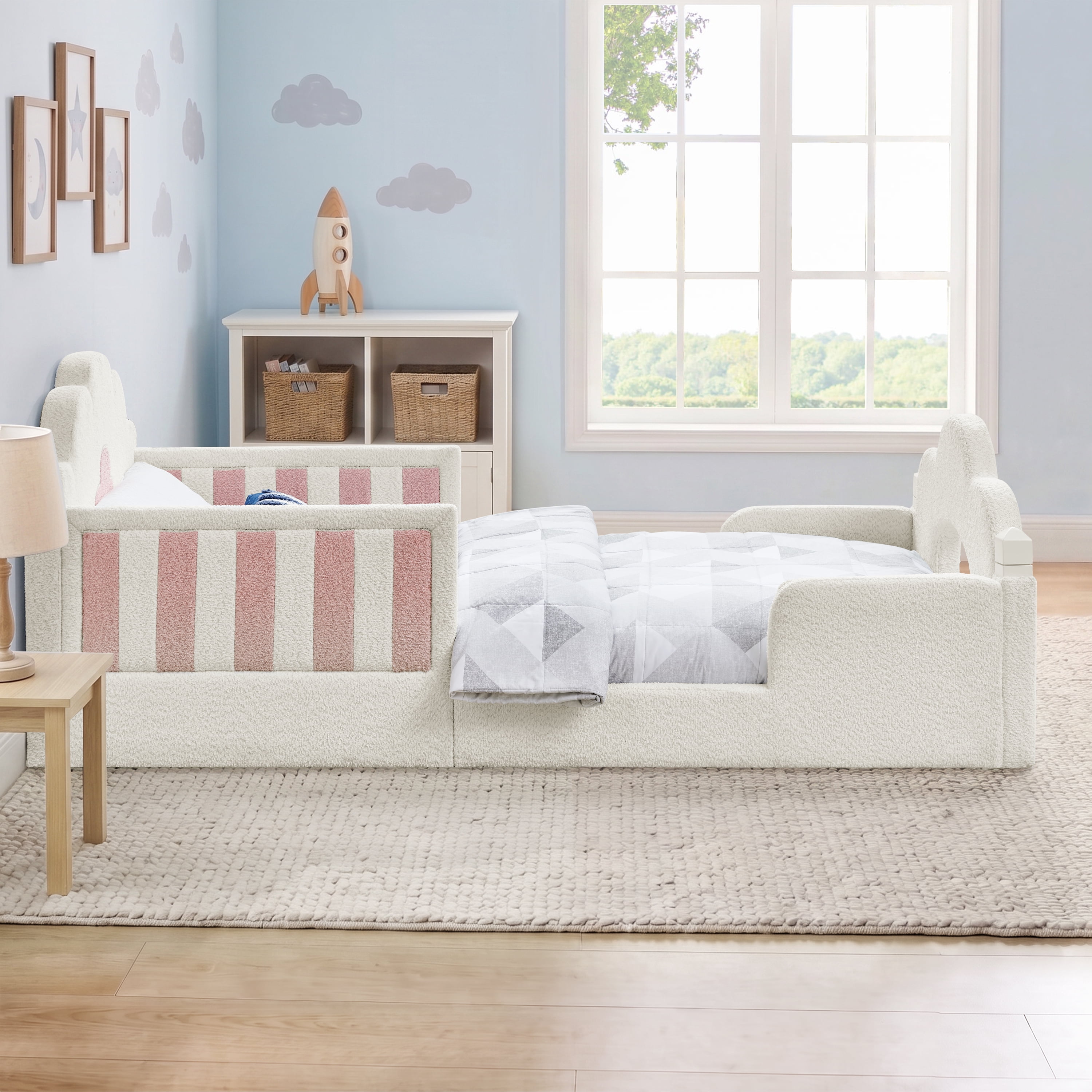 Twin Size Cloud Bed with Safety Guardrail, Solid Wood Bed Frame for Bedroom, Boucle Fabric