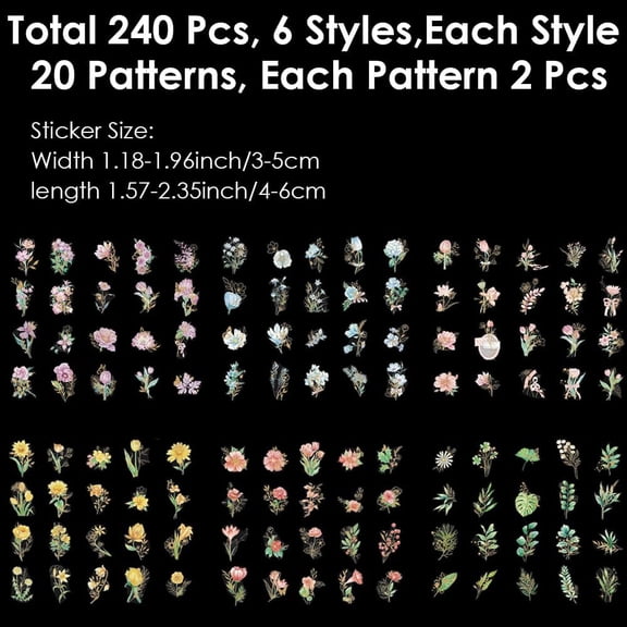 240Pcs 6 Styles Holographic Flower Stickers Watercolor Floral Sticker Botanical Plants PET Waterproof Adhesive Scrapbooking Wall Stickers Decals for Junk Journals Planner Laptop Resin Crafts