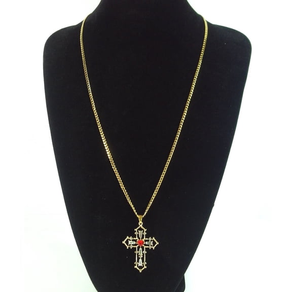 18K Yellow Gold-Plated 7.50 CTW Red Love Heart Cross 24-Inches Faith Prayer Religious Crucifix Pendant Chain Necklace Set Gift