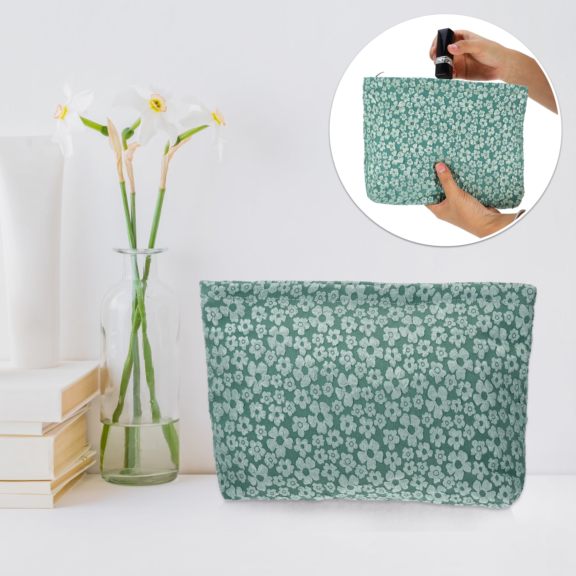 Unique Bargains Flower Cosmetic Bags Canvas Large Capacity Makeup Pouch Lipsticks Green