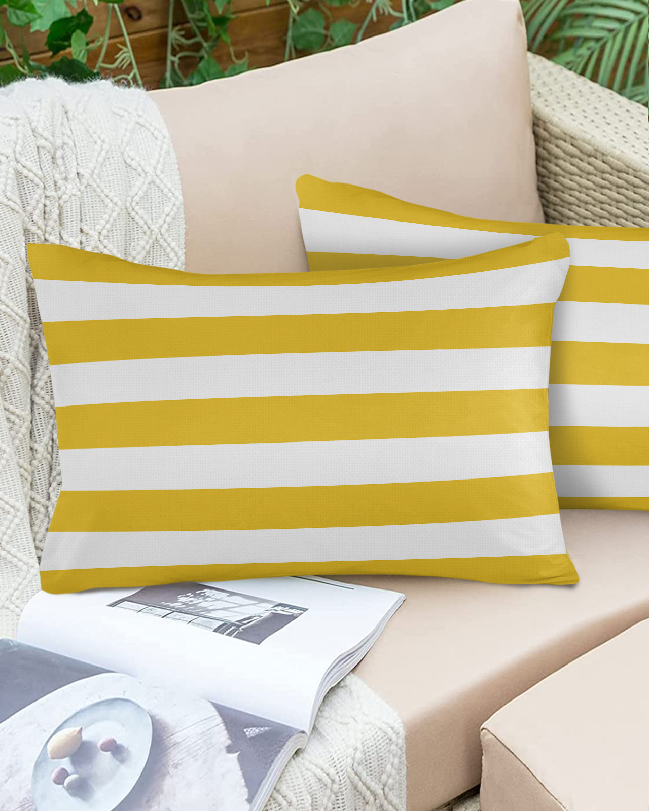 Outdoor Waterproof Throw Pillow Covers Set of 2 Yellow White Stripe Decorative Pillowcases Lumbar Outdoor Pillows Cushion Case 20x12 Inch Simple Style Striped Patio Pillows for Couch Sofa Bed Garden