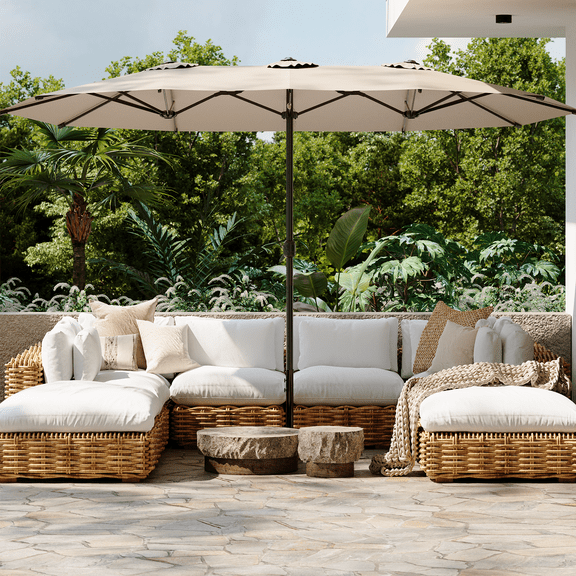 AECOJOY 15 Ft Patio Double Sided Umbrella Large Outdoor Umbrella - Beige