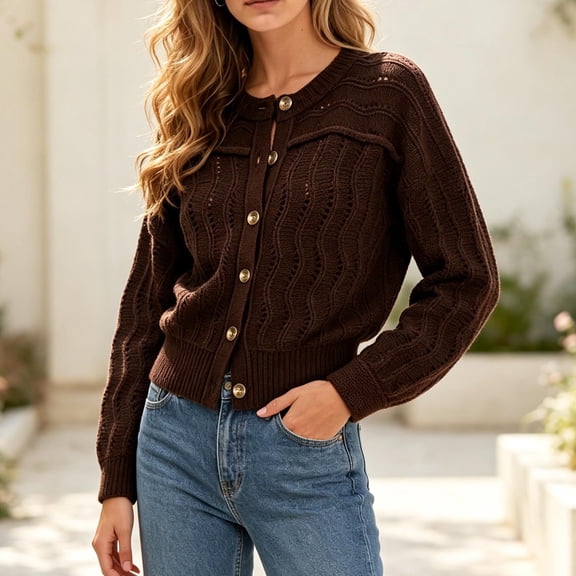 Xdegoge Crop Cardigan for Women Long Sleeve Button Down Pointelle Hollow Out Lightweight Knit Sweater Casual Cozy Fall Outerwear