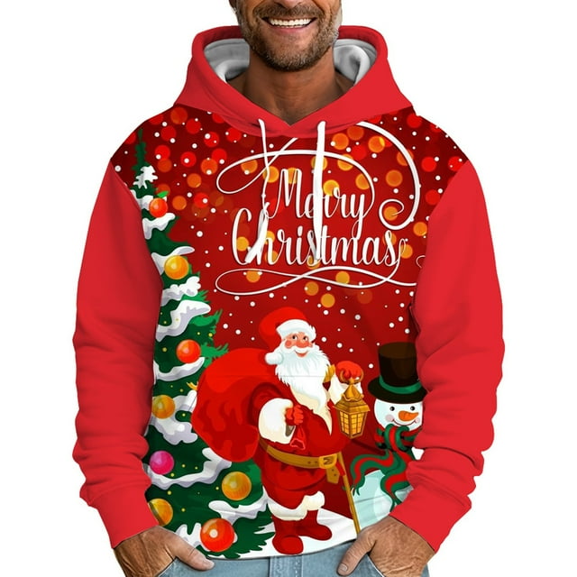 Sweat à Capuche Imprimé Thème de Noël Automne et Hiver pour Hommes Manches Longues avec Poche