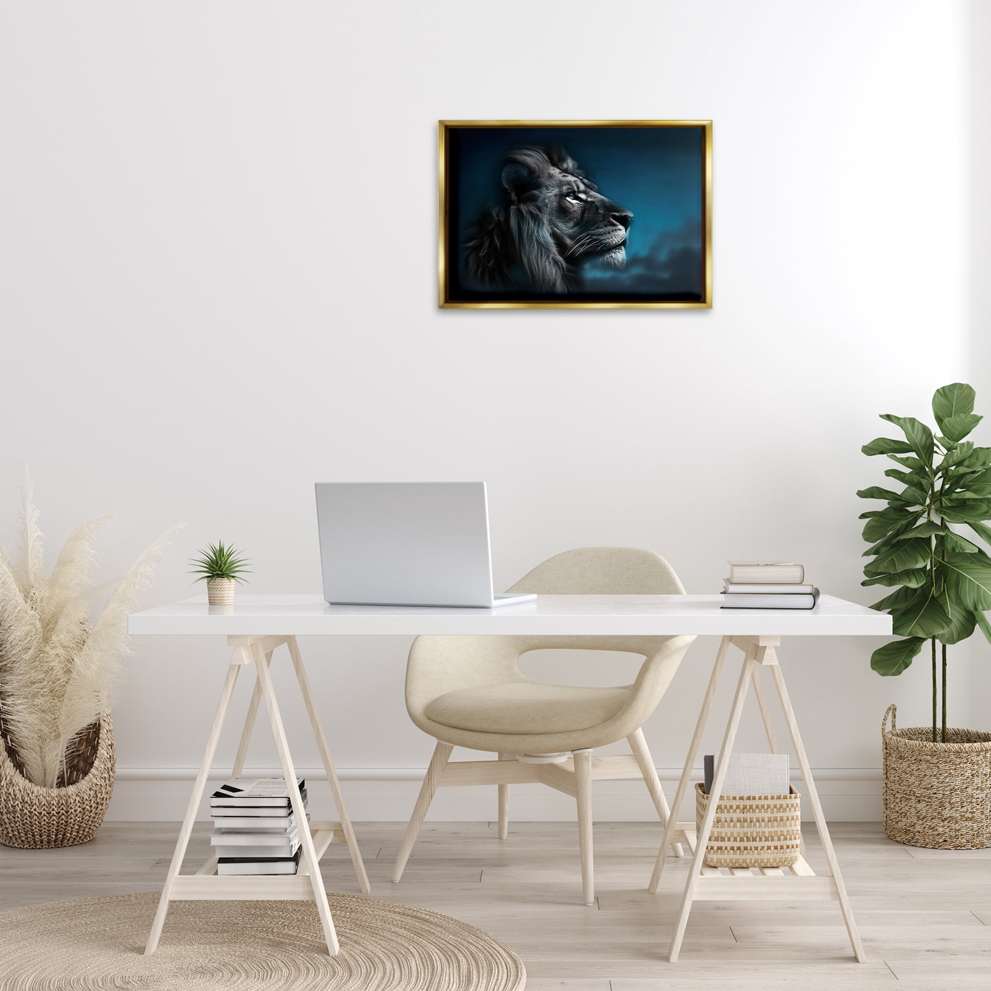 Stupell Industries Intense Gazing Lion Animals & Insects Painting Gold Floater Framed Canvas Art Print Wall Art, 25 x 17