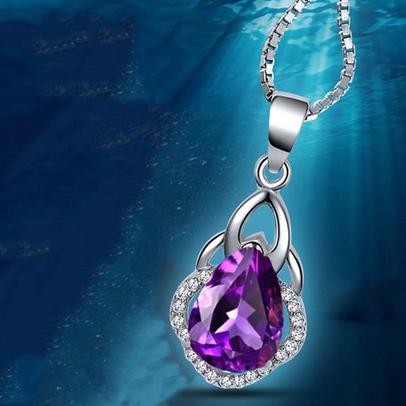 TIHLMK Womens Necklaces Drop-Shaped Amethyst Purple Pendant Silver Plated Necklace Clavicle Chain Women