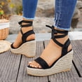 thumbnail image 4 of Rokment Espadrilles Wedge Strappy Dress Sandals for Women Bride Wedding Beach Summer Stylish Casual Suede Open Toe Ankle Strap Platform Chunky High Heels Dress Shoes Black Size 6.5, 4 of 6