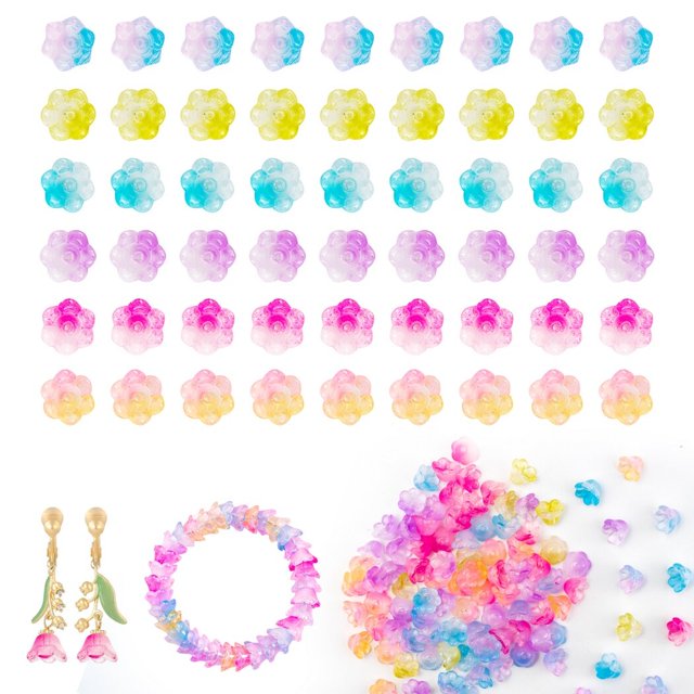 Cuentas de flores de cristal checo, 100 cuentas de flores de cristal de 0,47 pulgadas de profundidad para hacer joyas y manualidades, cuentas espaciadoras de flores de campana a granel en 6 colores de