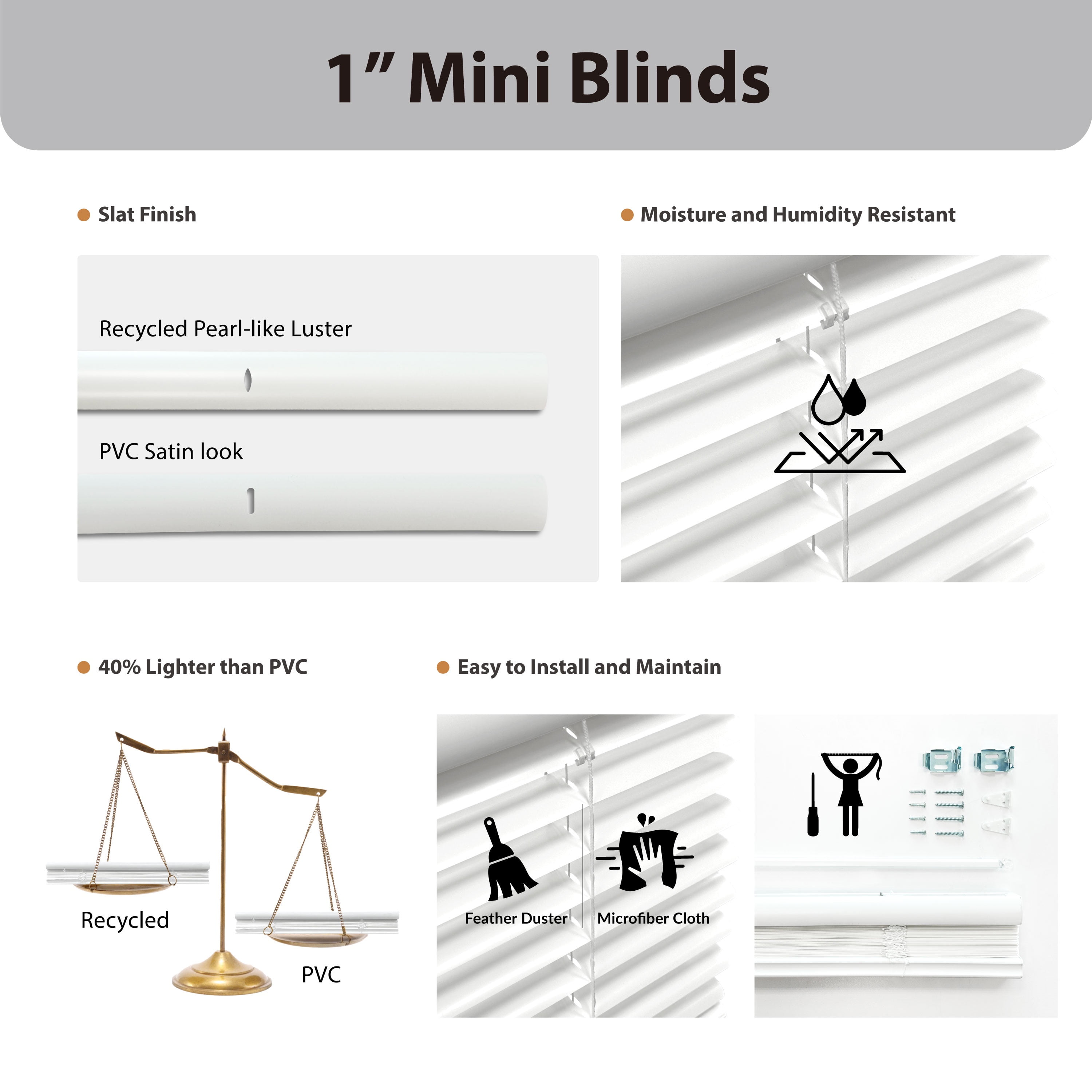 Regal Living, Cordless 1 inch Eco Mini Blinds, Light Filtering, White, 72W x 60L