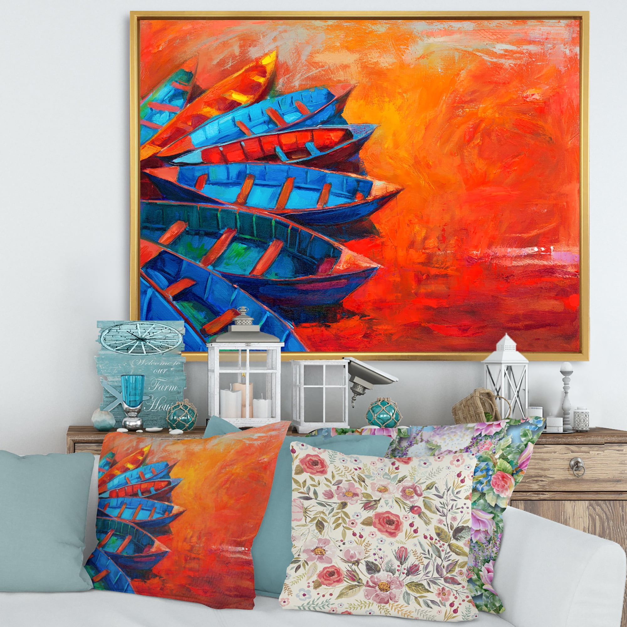 Boats During Warm Sunset Resting On The Water V 32 in x 16 in Framed Painting Canvas Art Print, by Designart