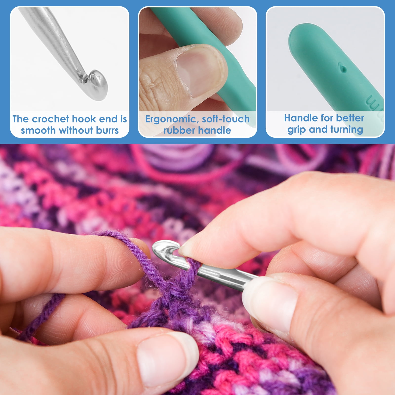 14 Pcs Crochet Hooks Set with Ergonomic Soft Grip by Sooleo, 2mm(B)-10mm(N)  Crochet Hook Crochet Needles Kit with Case, Extra