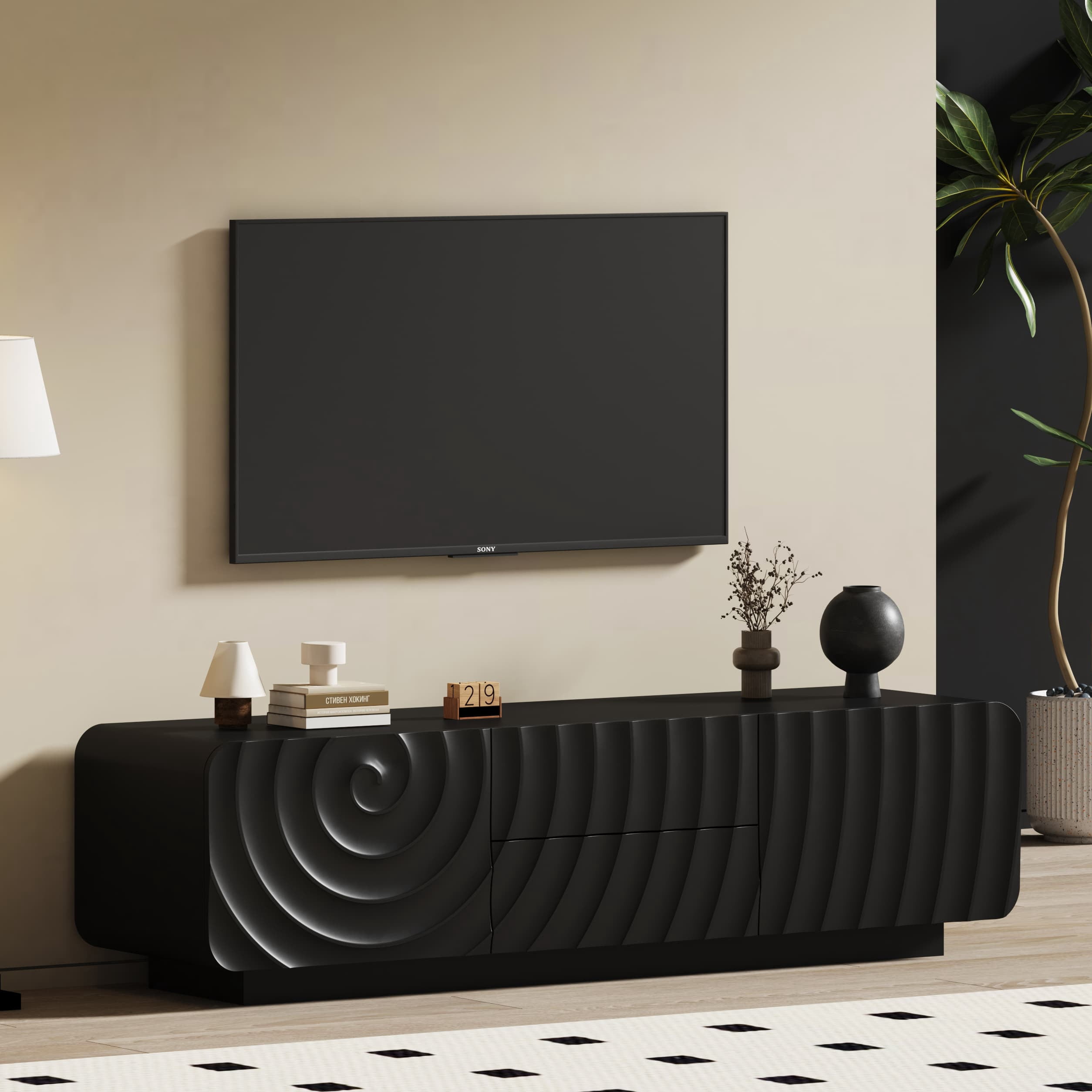 Aukfa TV Stand for TVs up to 65",Entertainment Center,3D Spiral Wave, Rounded Corners,Black