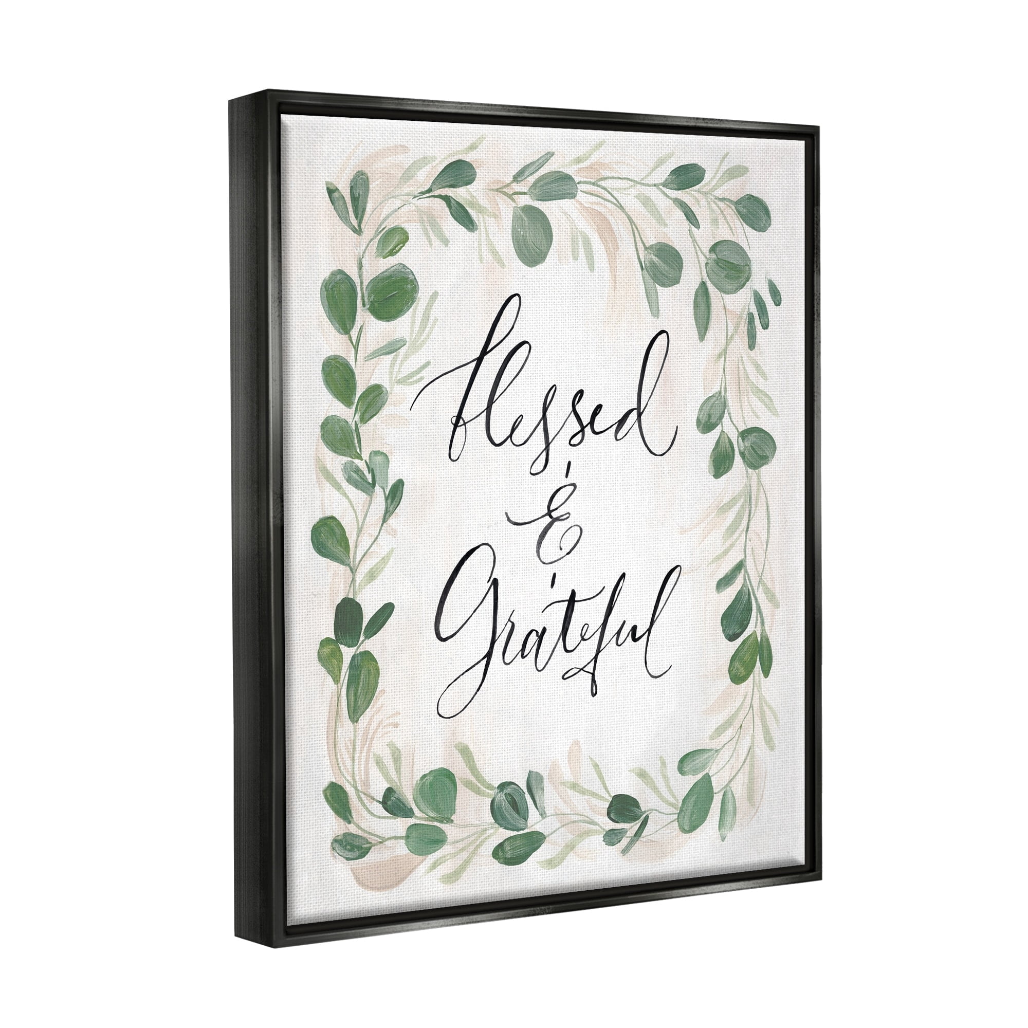 Stupell Industries Blessed & Grateful Botanical Eucalyptus Border Calligraphy Graphic Art Jet Black Floating Framed Canvas Print Wall Art, Design by Caverly Smith