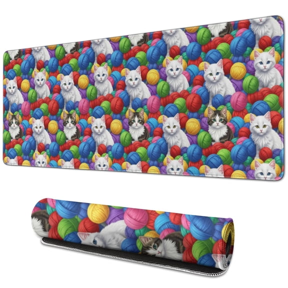 31.5x11.8 Inch Gaming Mouse Pad, Non-Slip Stitched Rubber Desk Mat for Desktop & Laptop,Cat Yarn Ball Colorful Pattern