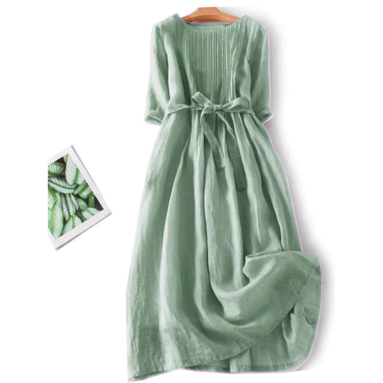 Green Party Dresses Women's Cotton And Linen Solid Color Retro Pleated Lace  Up Casual Dress With Pockets Wedding Guest Dresses for Women - Walmart.com