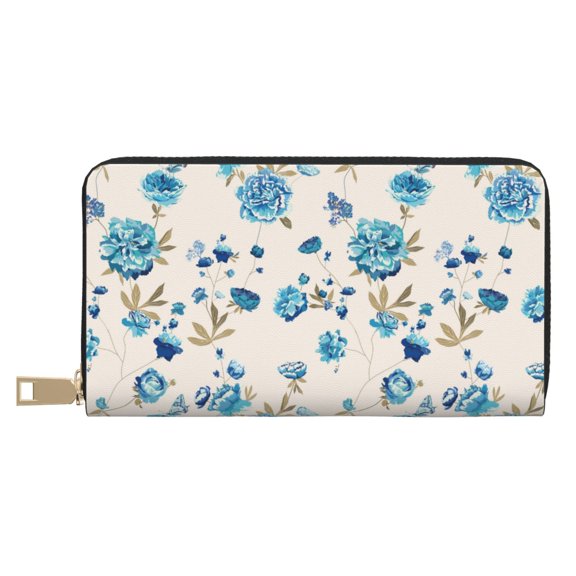 Leather Thin Slim Wallets for Women Men - Blue Rose Flowers Clutch Card Wallet for Women Men with Zipper