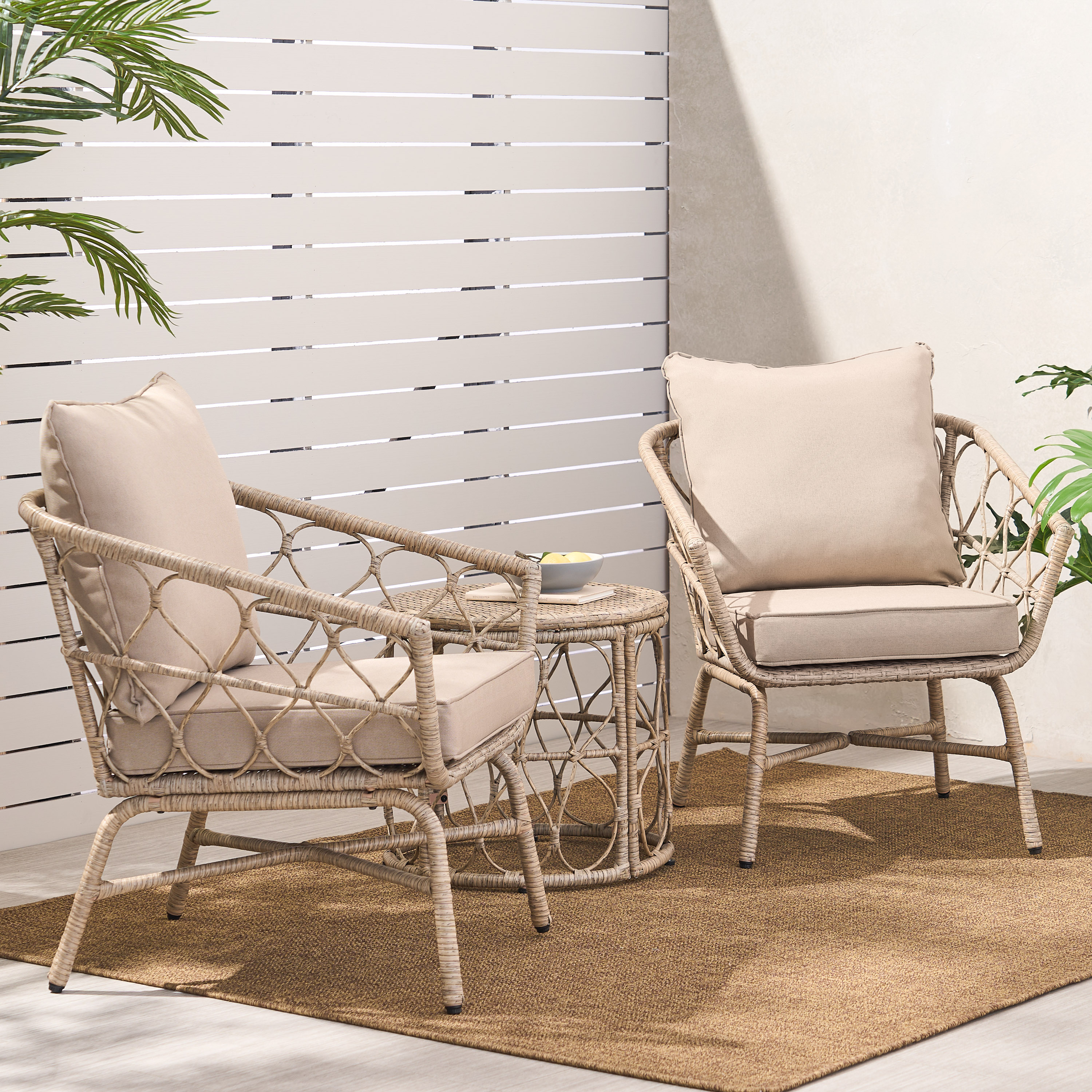 Outdoor 3 Piece Leisure Combination Seat Set, Wicker Structure Conversation Furniture for Patio Garden, Light Brown and Beige