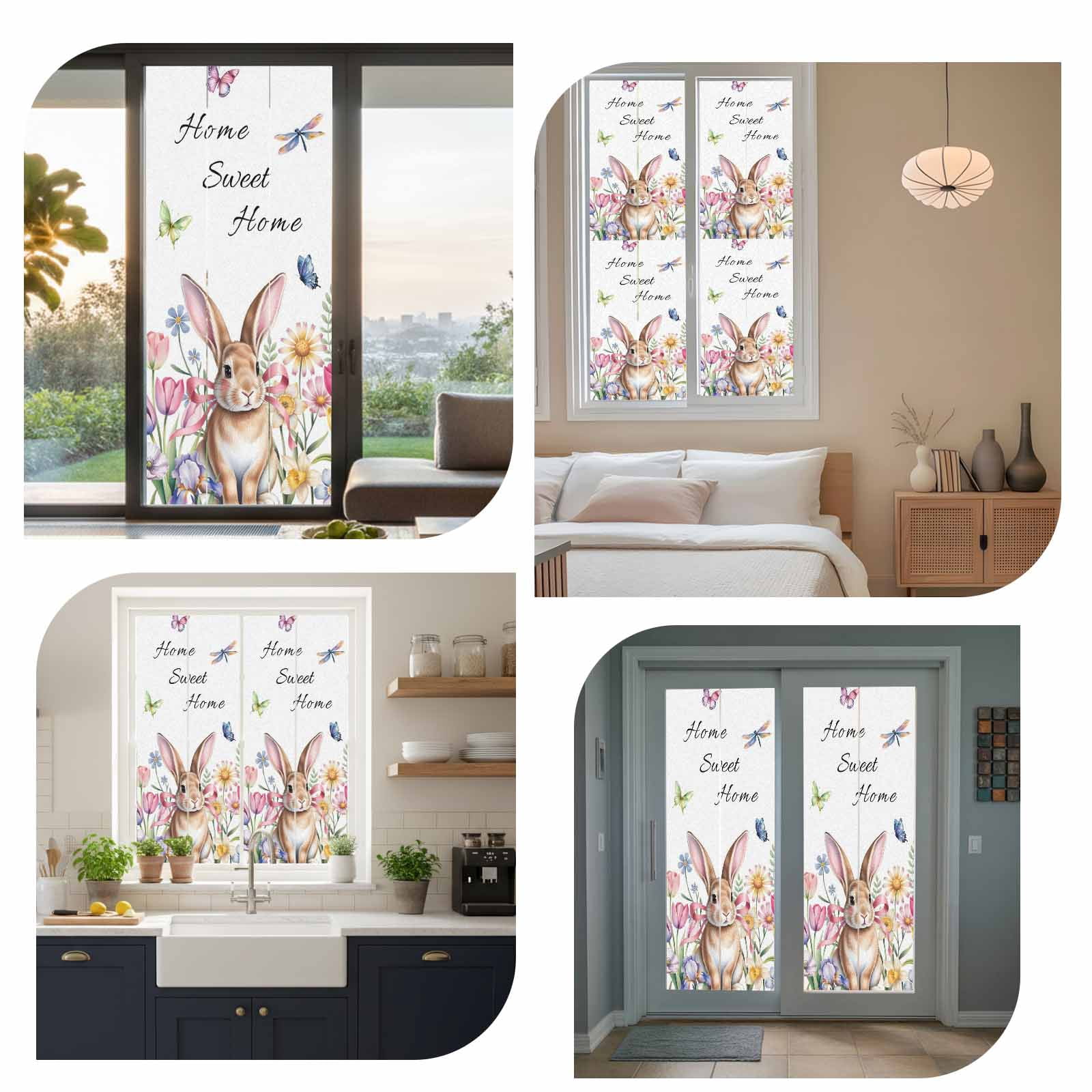 Sweet Home Window Privacy Film, Easter Bunny Spring Butterflies Flowers Country Leaf Frosted Glass Window Clings Static Cling UV Heat Blocking Reusable Door Sticker for Bathroom 23.6 x 59 Inch