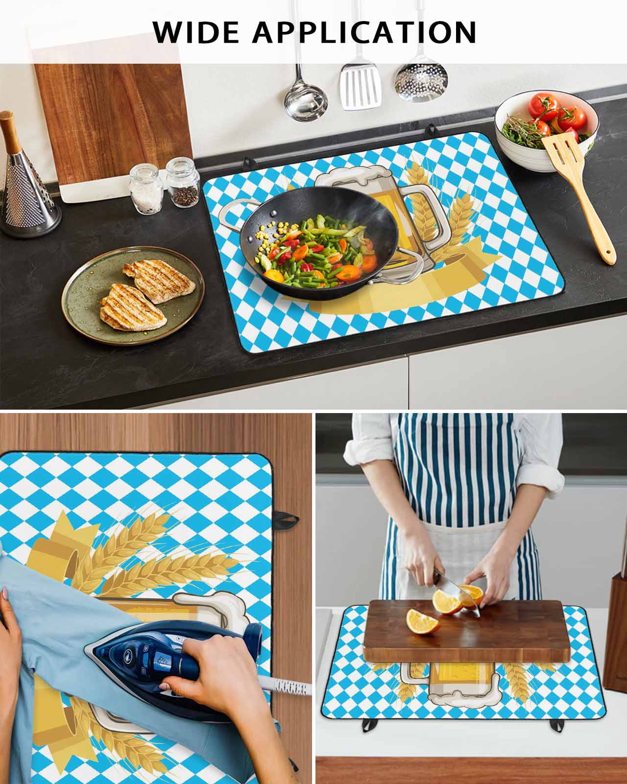 Large Induction Cooktop Protector Mat Cartoon Beer Stove Top Covers for Electric Stove, Funny Wheat Abstract Blue White Plaid Decorative Stove Burner Cover Mats, Glass Top Stove Cover