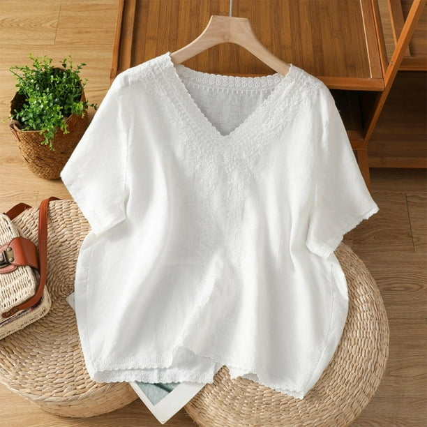 mfyjkho Tops De Tallas Grandes, Suéter De Manga Corta Con Cuello En V Y Bordado De Lino Sintético Para Mujer, Top De Moda Tops De Tallas Grandes Xxl