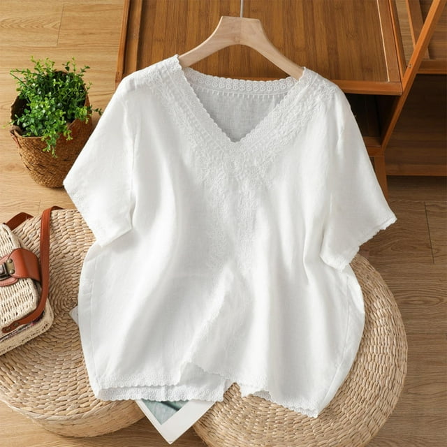 mfyjkho Tops Para Hacer Ejercicio, Suéter De Manga Corta Con Cuello En V Y Bordado De Lino Sintético Para Mujer, Top De Moda Tops Para Hacer Ejercicio M