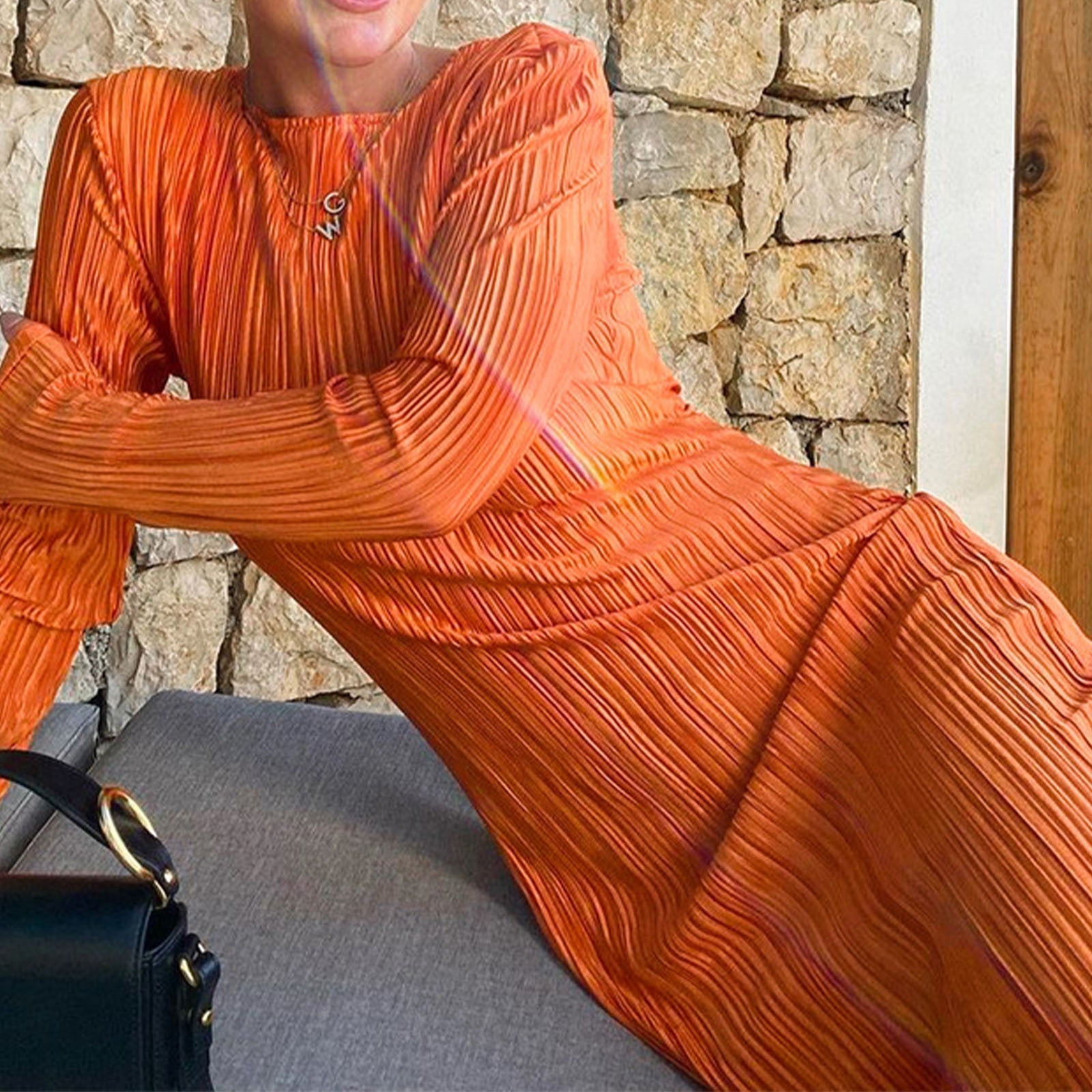 Blmnix Sheath Party Dresses for Women Vintage Elegant Dresses Petticoat Crew Neck Long Sleeve Orange Western Dress for Women,L