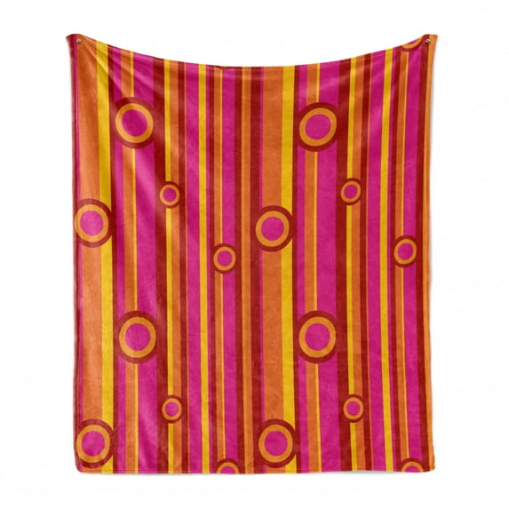 Retro Soft Flannel Fleece Blanket, Vibrant Colors Striped Pattern with Circles Vintage Geometric Illustration Print, Cozy Plush for Indoor and Outdoor Use, 50" x 60", Pink Red Orange, by Ambesonne