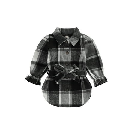 

Canrulo Toddler Baby Girls Long Sleeve Plaid Coat Lapel Button Down Jacket with Belt Kids Fall Outfits Black 3-4 Years