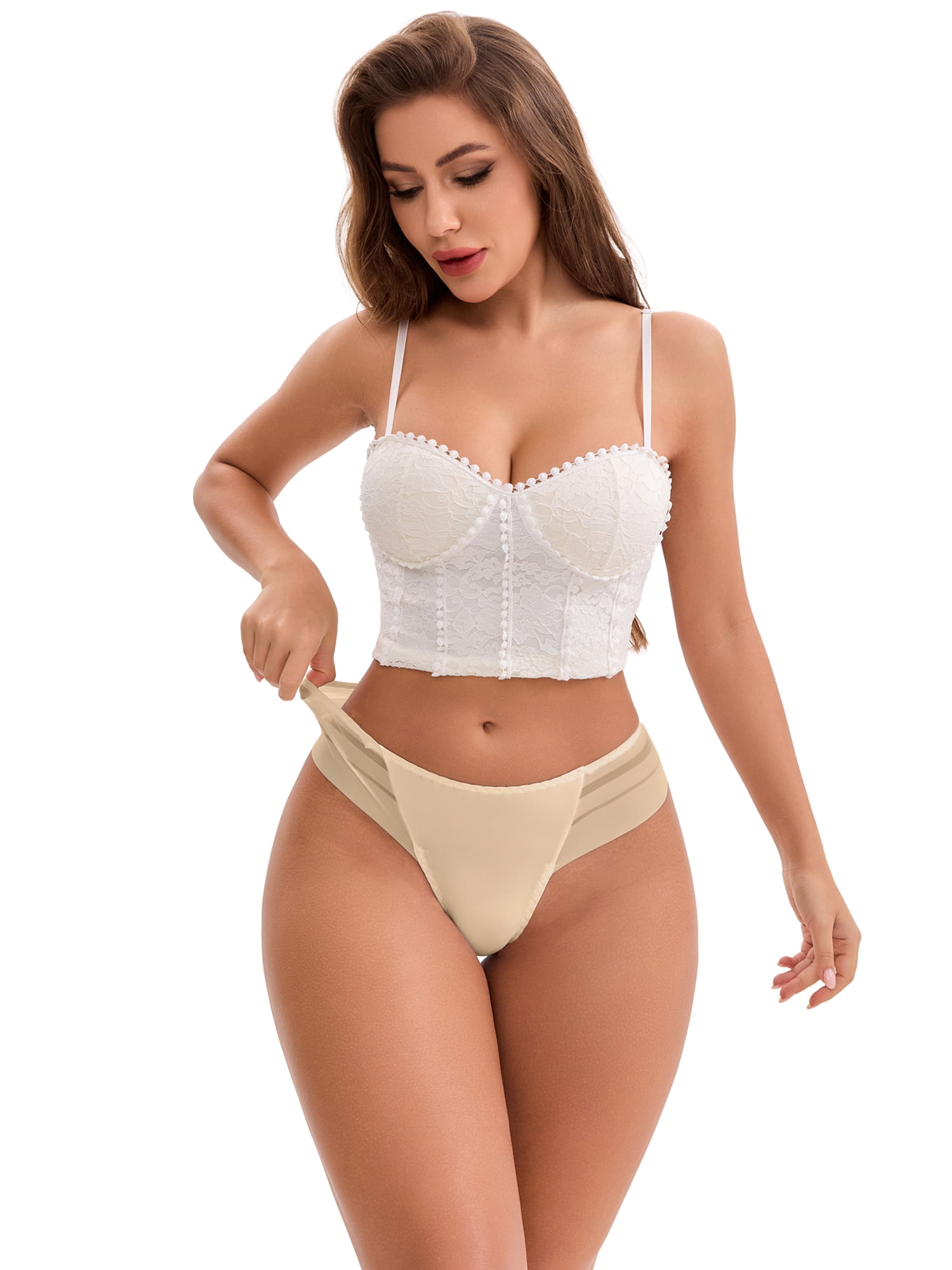 DARING DIVA Women's Low Rise Ice Silk Lace Striped Underwear Thong L Apricot