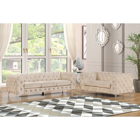 Denver 2 Piece Button Tufted Beige Velvet Fabric Living room Set - Sofa and Loveseat